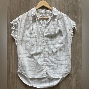 Madewell Windowpane Linen Blend Blouse | Ruffle Sleeve | Size Small